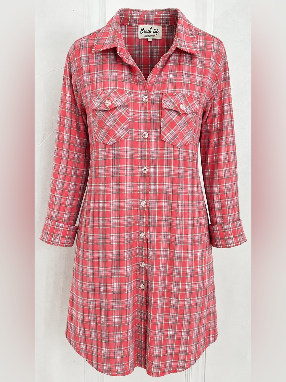 Women’s Pink Plaid Button-Front Shacket  Midi Duster